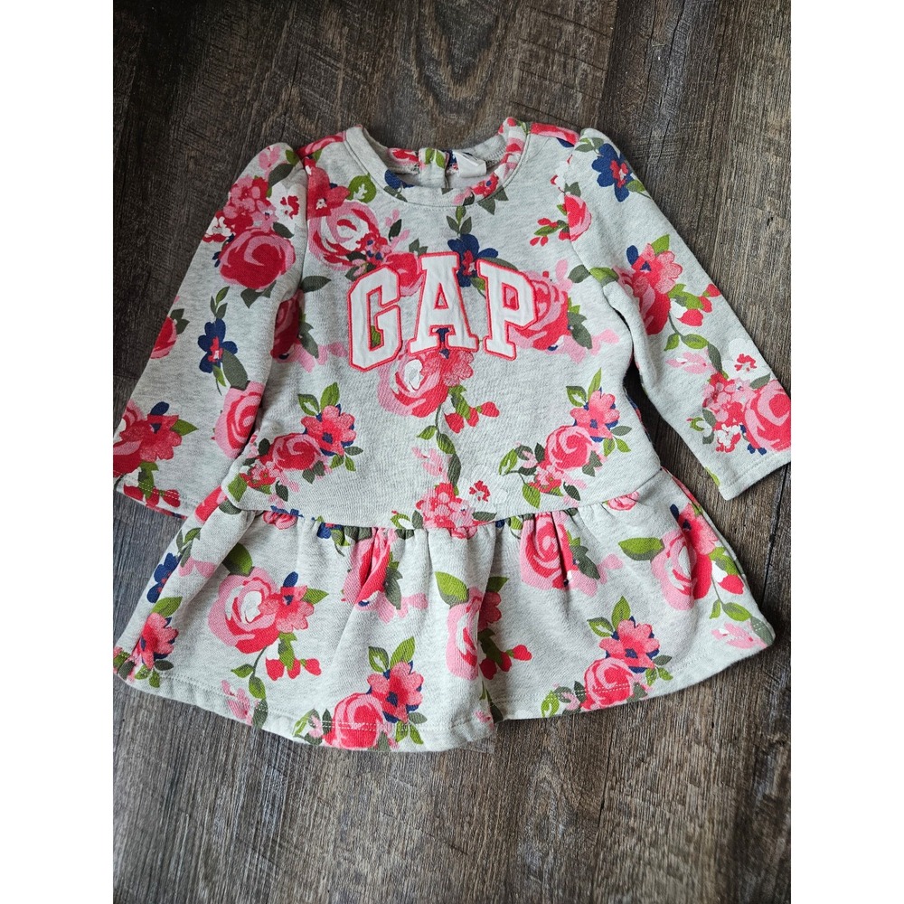 Baby Gap grey floral sweatshirt dress EUC 18/24 month